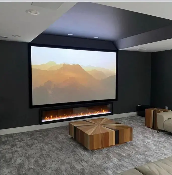 projector screen over fireplace
